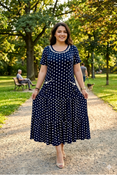 Rochie bleumarin lunga cu imprimeu cu buline albe si buzunare, N102, 3