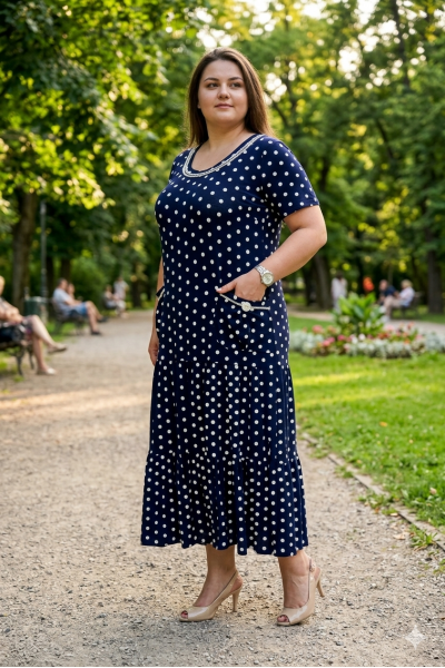 Rochie bleumarin lunga cu imprimeu cu buline albe si buzunare, N102, 4