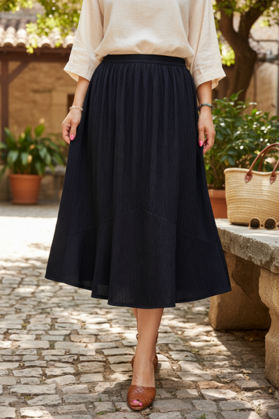 Fusta bleumarin din crep  cu elastic si volane N20