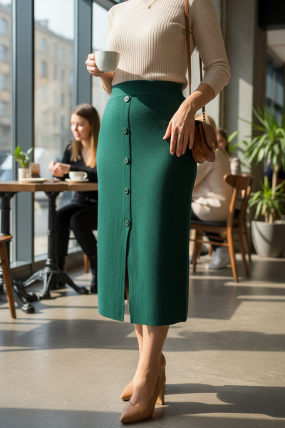 Fustă verde  tricotată cu nasturi aplicati 