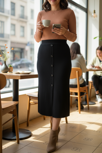 Fustă neagra tricotată cu fir de lycra si nasturi aplicati 