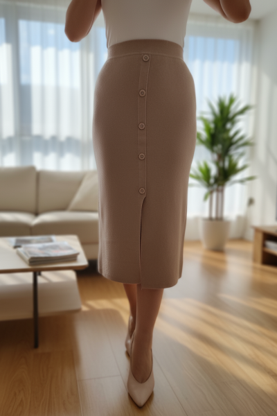 Fusta tricotata nuanta somon cu nasturi aplicati