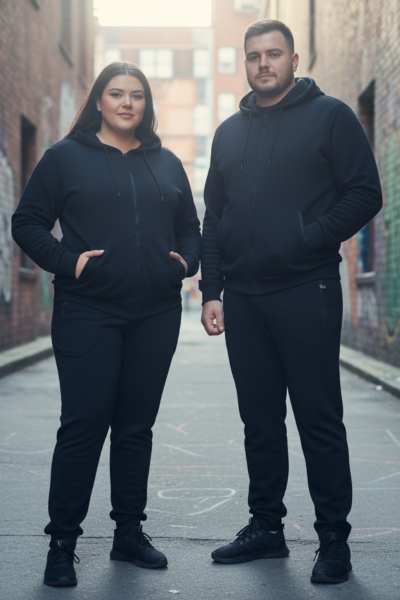 Trening negru 2 piese gros si vatuit cu gluga si buzunare extra plus size, 3