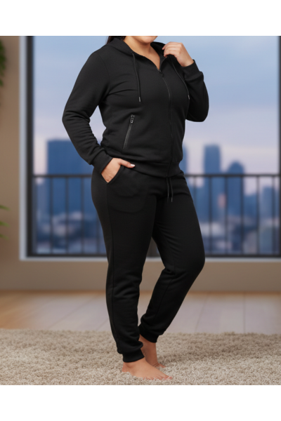 Trening negru 2 piese gros si vatuit cu gluga si buzunare extra plus size