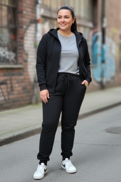 Trening negru 2 piese gros si vatuit cu gluga si buzunare extra plus size